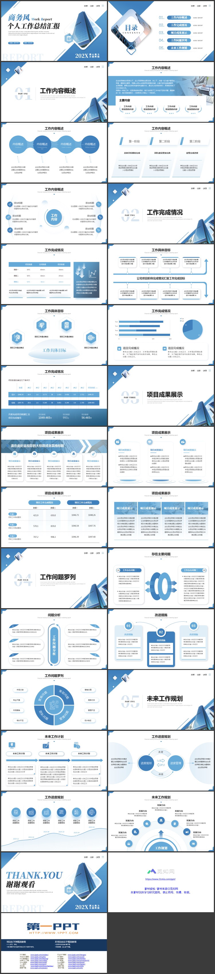 蓝色高楼大厦背景的商务风个人工作总结汇报PPT模板