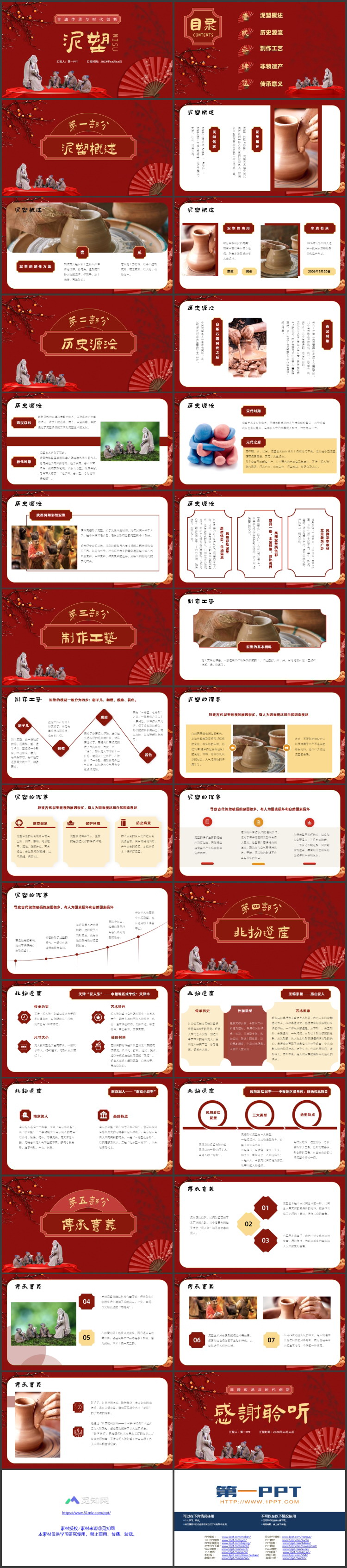 红色古典中国风背景的“泥塑”非遗传承PPT模板