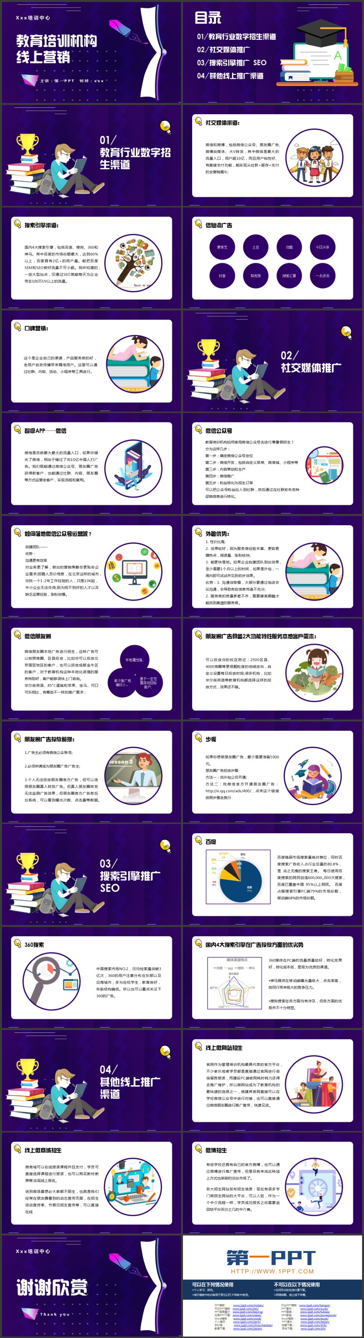 紫色卡通书本背景的教育培训机构线上营销PPT模板