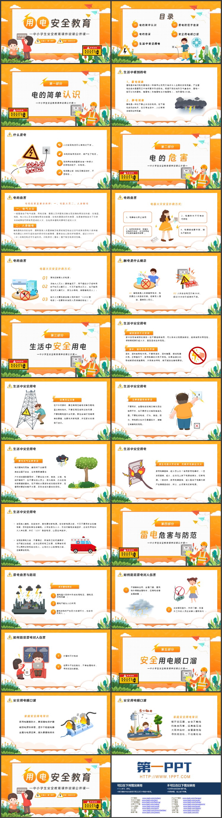 橙色卡通风格的中小学生用电安全教育课件说课公开课PPT模板下载