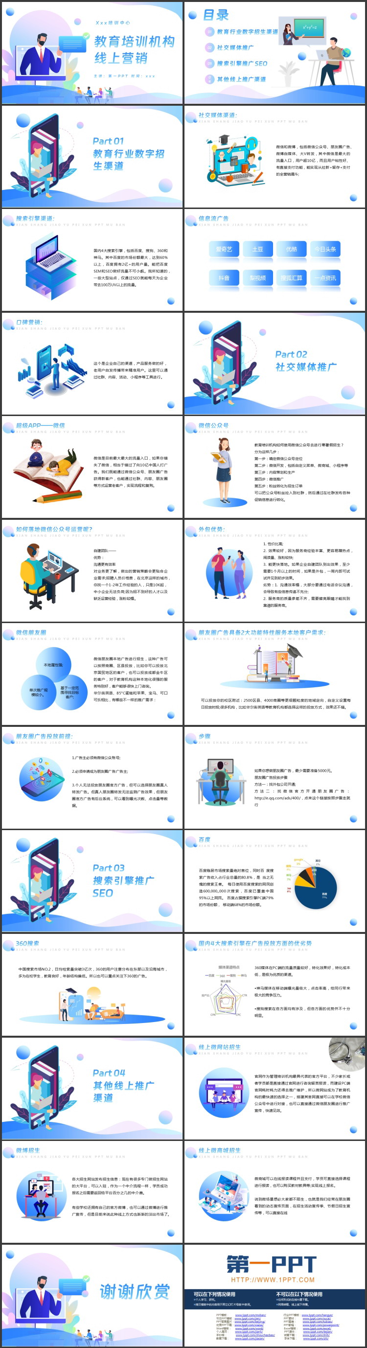 蓝色矢量办公剪切画背景的教育培训机构线上营销PPT模板