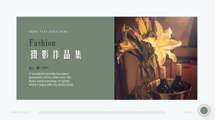 绿色鲜花红酒背景的摄影作品集PPT模板