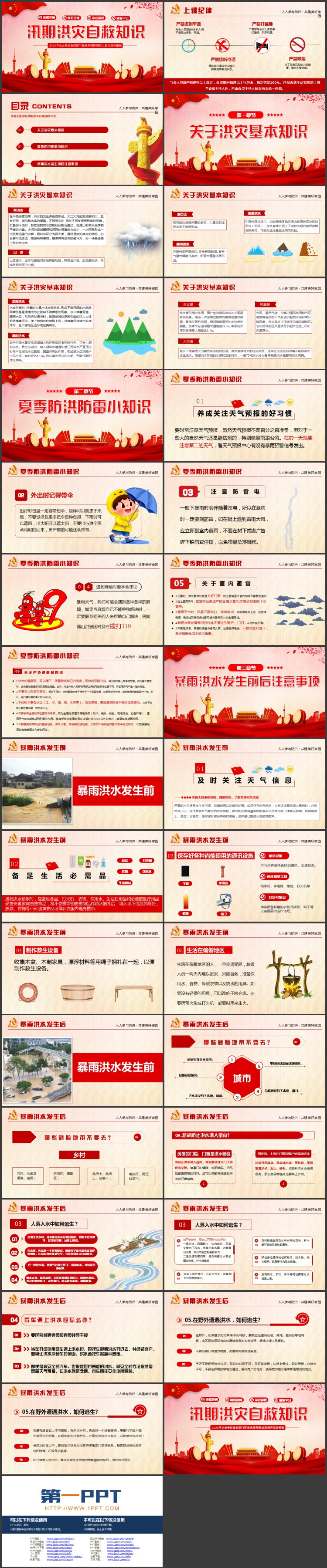 红色党政风汛期洪灾自救知识PPT模板下载