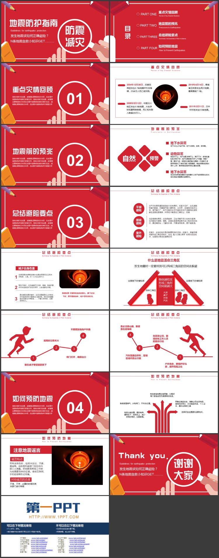 红色卡通风格的地震防护指南PPT模板下载