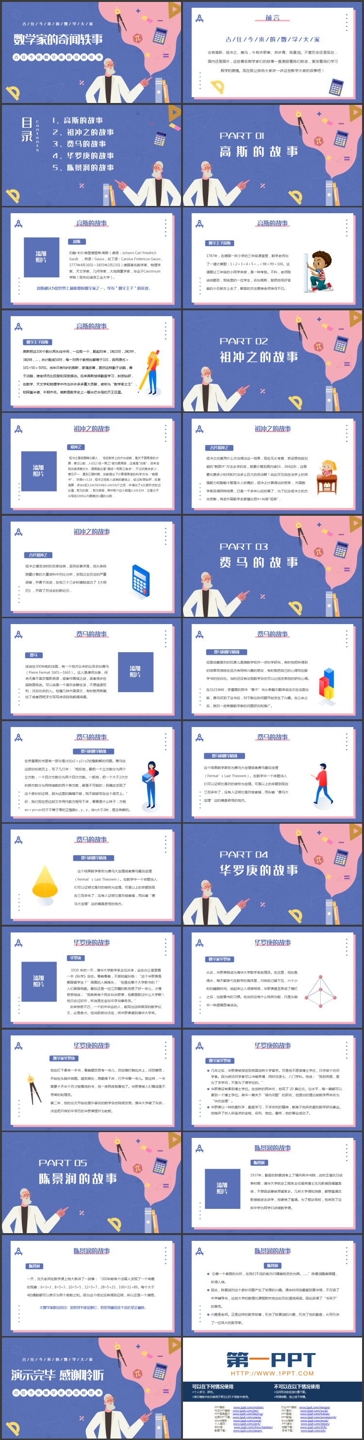 蓝色矢量卡通科学家背景的数学家的奇闻轶事PPT下载