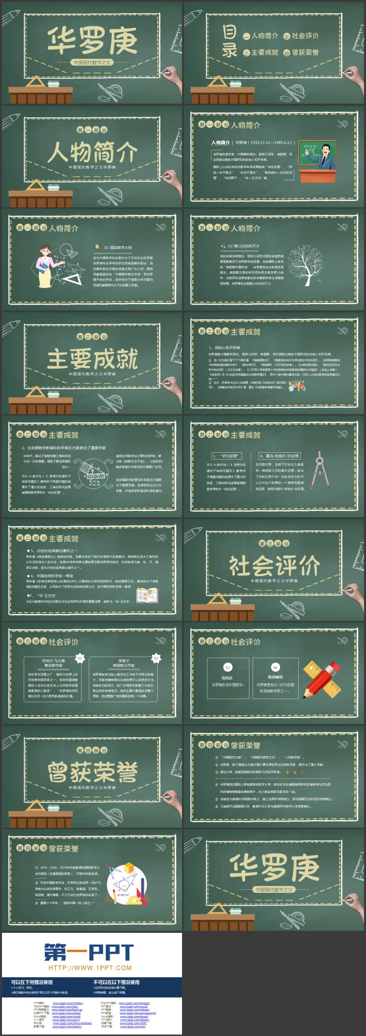 绿色卡通黑板风中国现代数学之父华罗庚人物介绍PPT下载