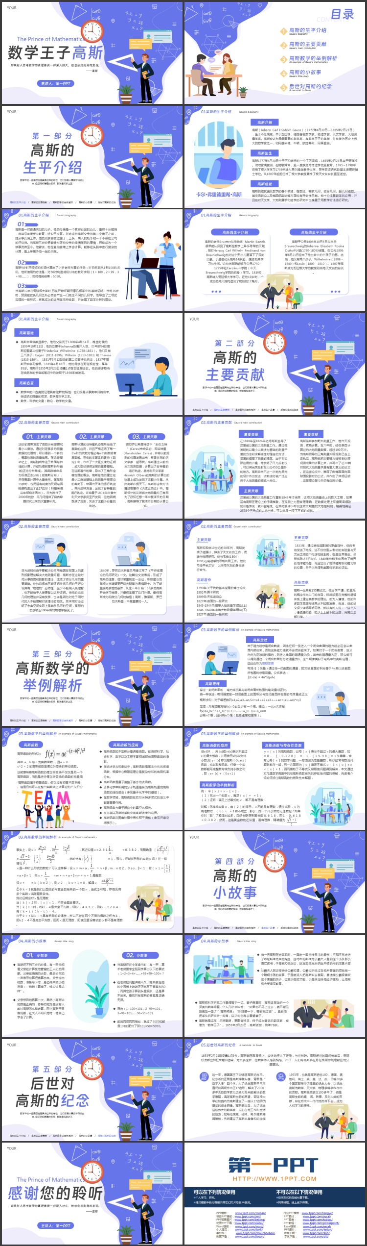蓝色矢量风格的数学王子高斯人物介绍PPT下载