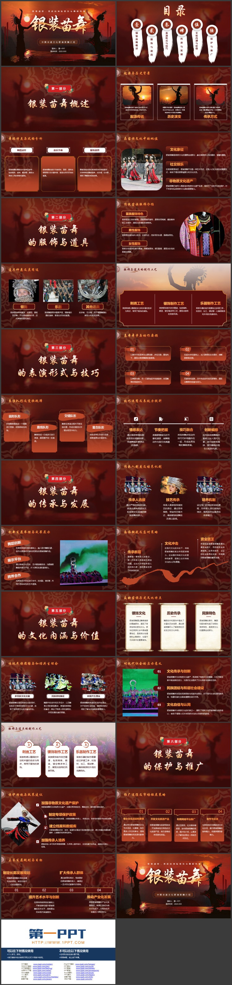 褐色民族风“银装苗舞”中国非遗文化介绍PPT模板