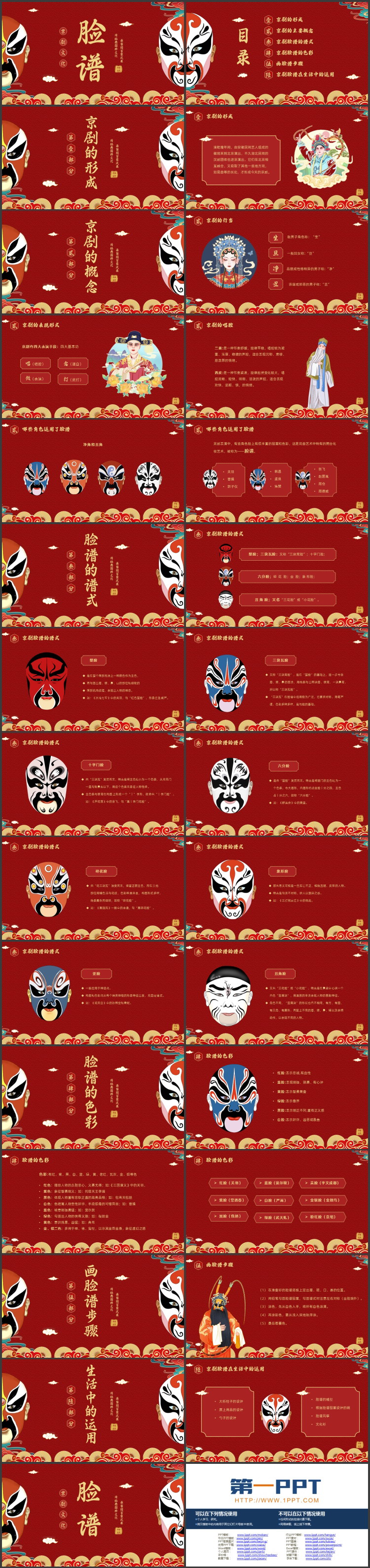 红色古典戏曲脸谱背景的京剧文化介绍PPT模板