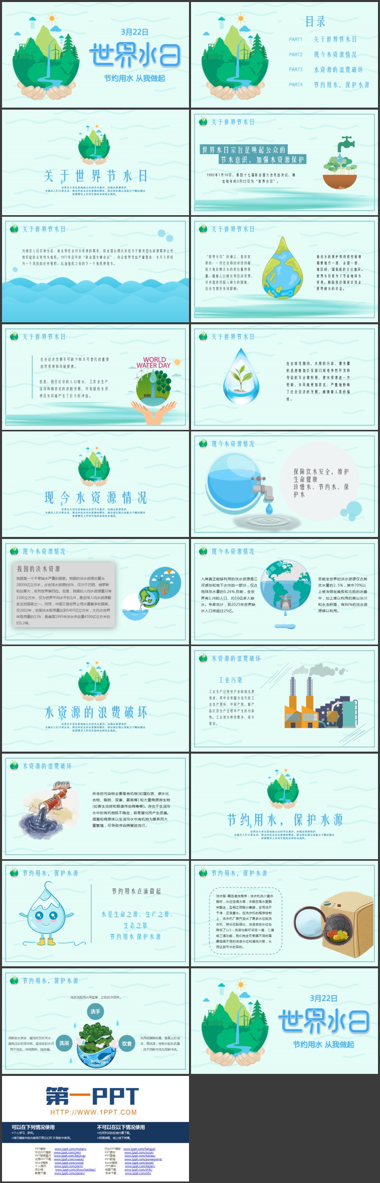 绿色卡通地球背景的世界水日环保主题PPT模板