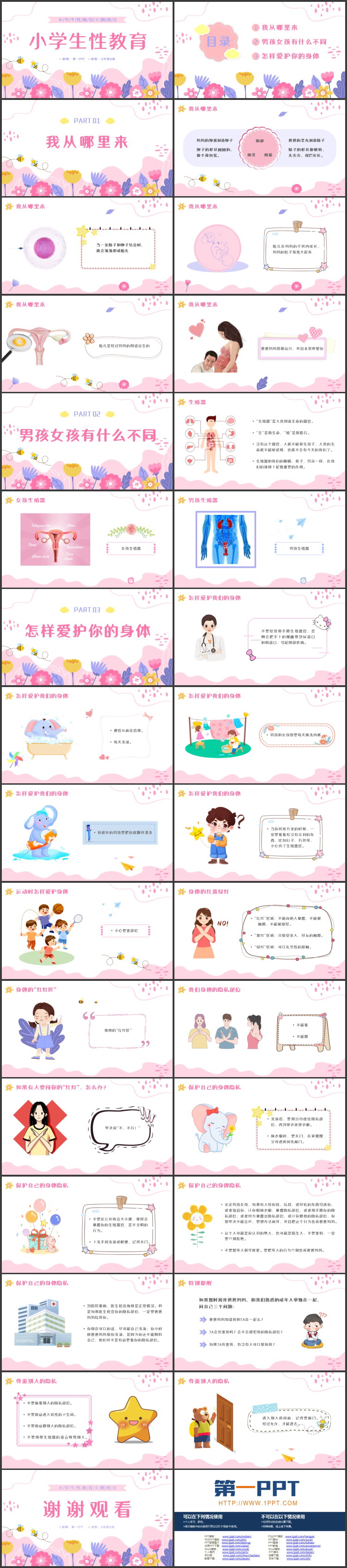 粉色卡通花卉背景的小学生性教育主题班会PPT模板下载
