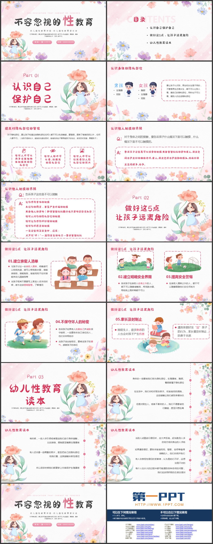 粉色卡通花卉背景的“不容忽视的性教育”幼儿园性教育讲座PPT模板下载