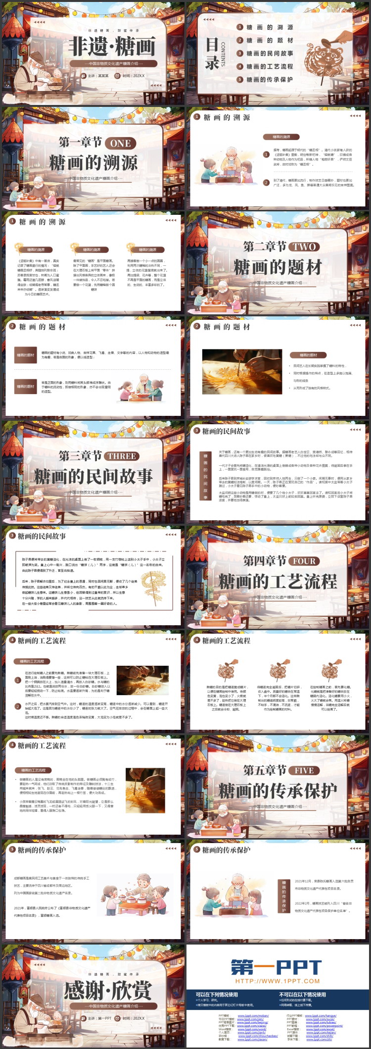 褐色卡通风格的“非遗糖画”中国非物质文化遗产糖画介绍PPT模板