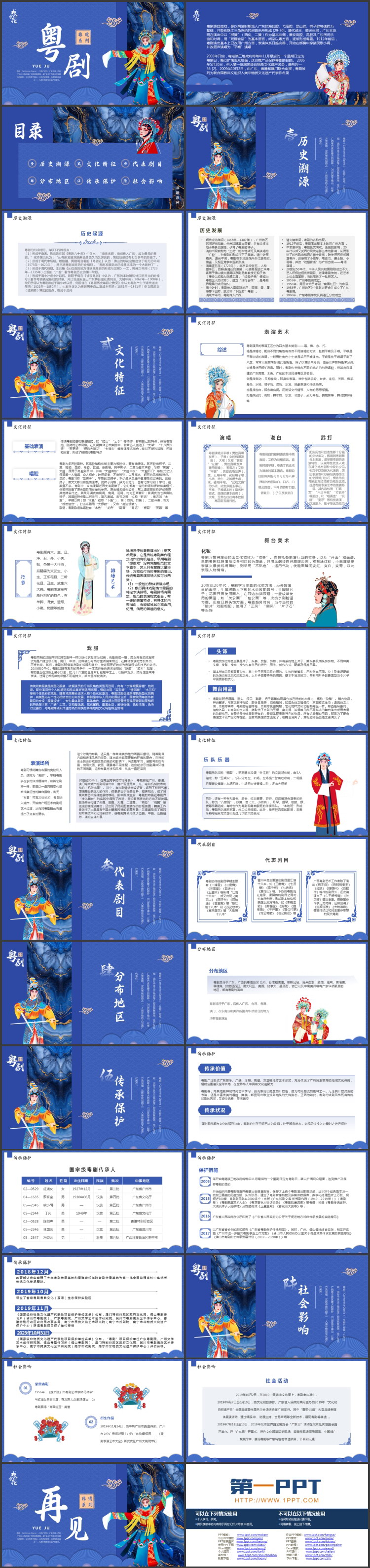蓝色戏曲人物背景的粤剧戏曲文化介绍PPT模板