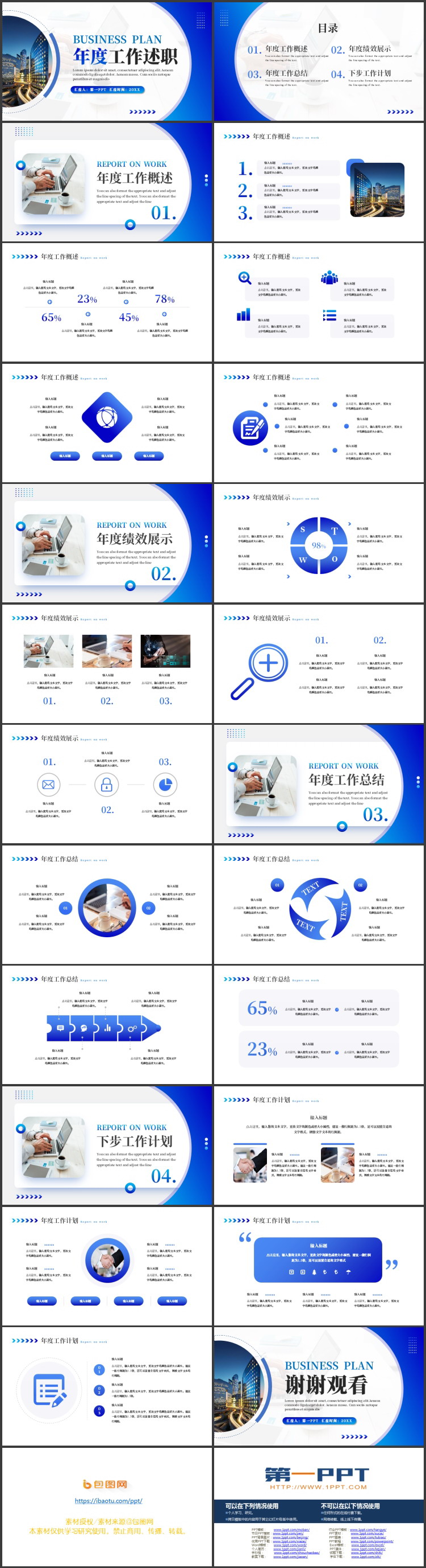 蓝色城市建筑背景的年度工作述职报告PPT模板下载