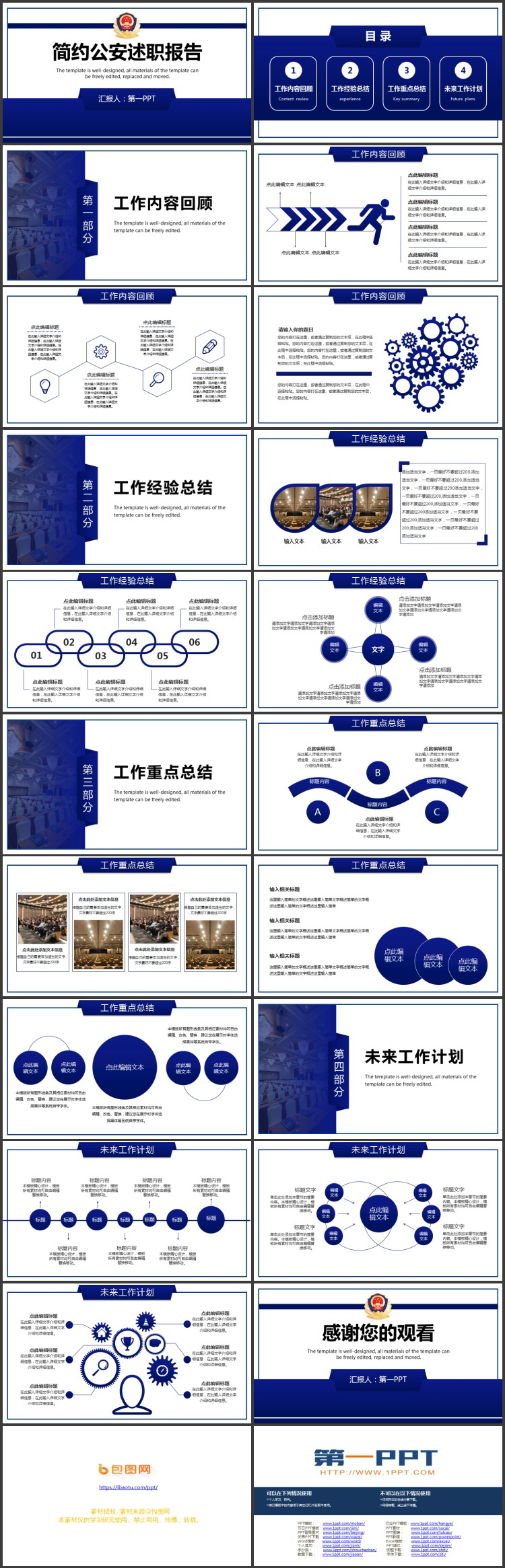 蓝色警徽背景的简约公安述职报告PPT模板