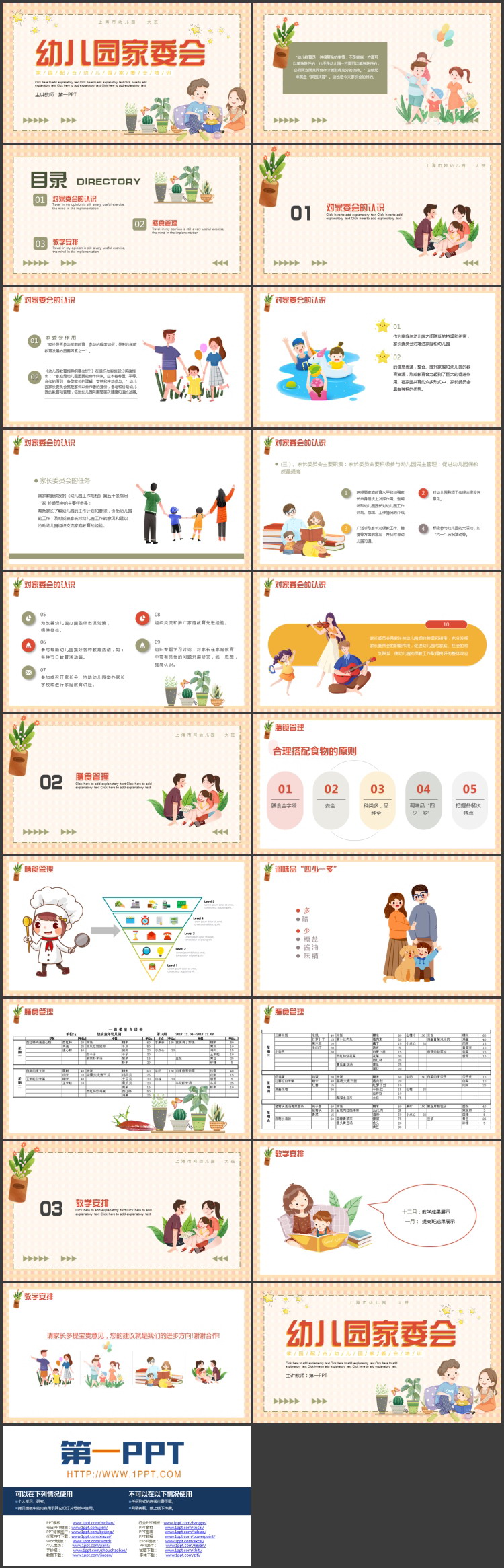 橙色可爱卡通风格的幼儿园家委会培训PPT模板下载