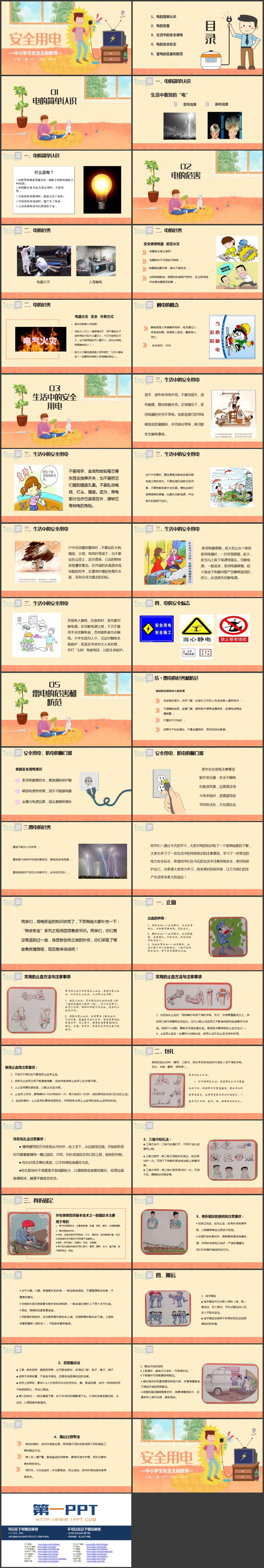 彩色卡通风格的“安全用电”中小学生安全主题教育PPT模板下载