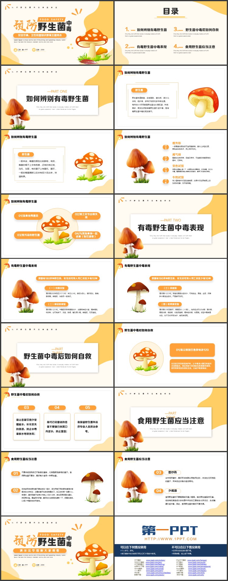 黄色卡通蘑菇背景的预防野生菌中毒食品安全知识教育主题班会PPT模板下载