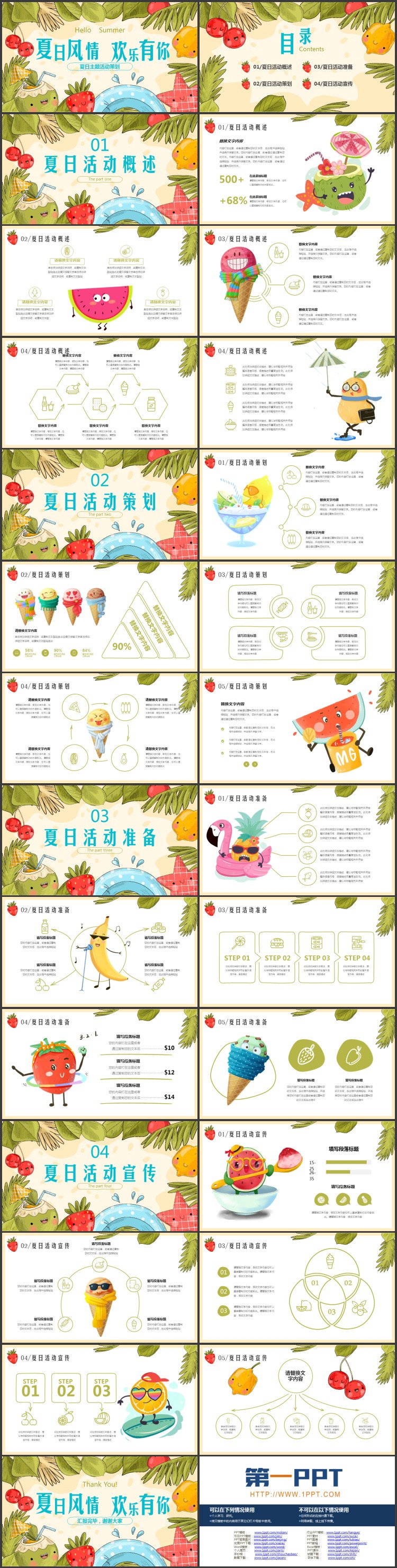 清新卡通水果树叶背景的“夏日风情欢乐有你”夏日主题活动策划PPT模板