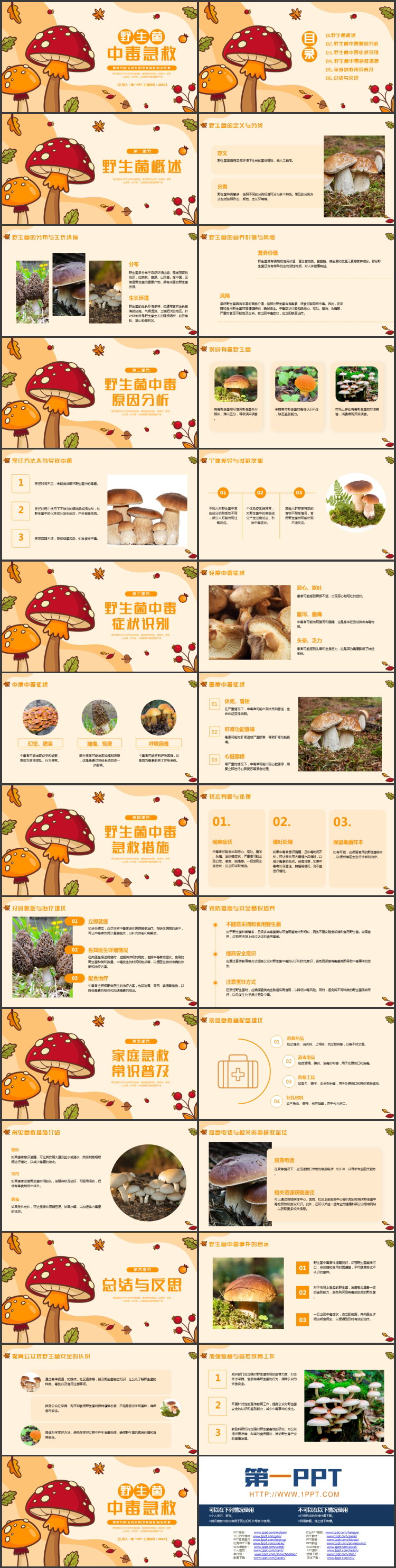 橙色卡通蘑菇背景的野生菌中毒急救PPT模板
