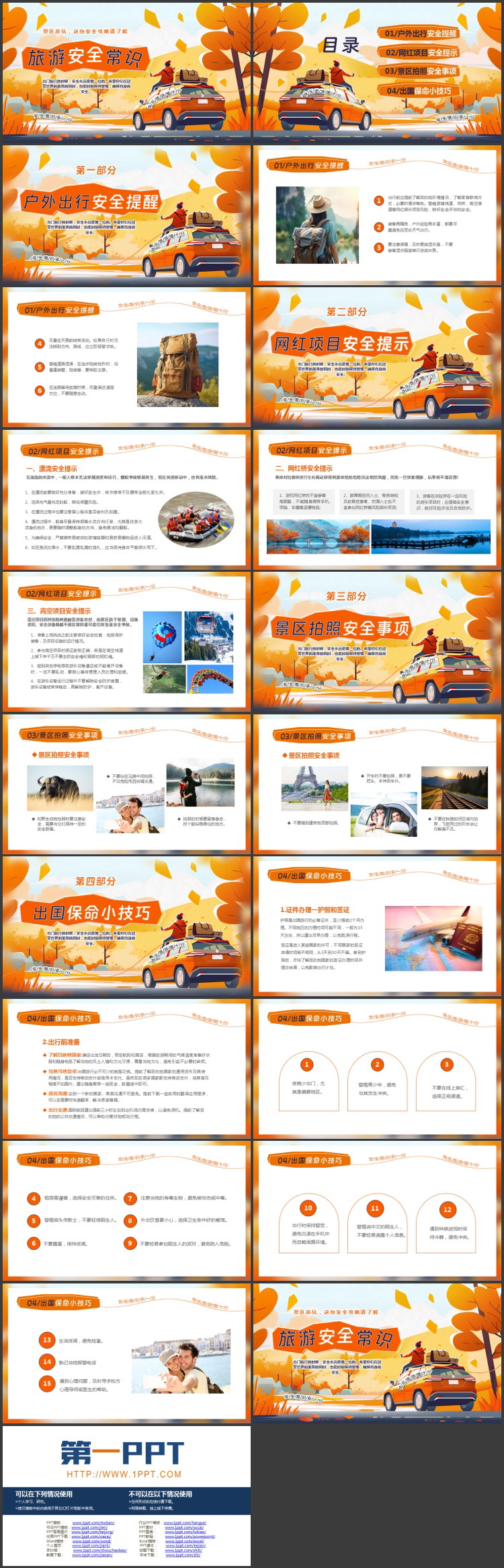 橙色精美插画旅行者背景的旅游安全常识旅行攻略PPT模板