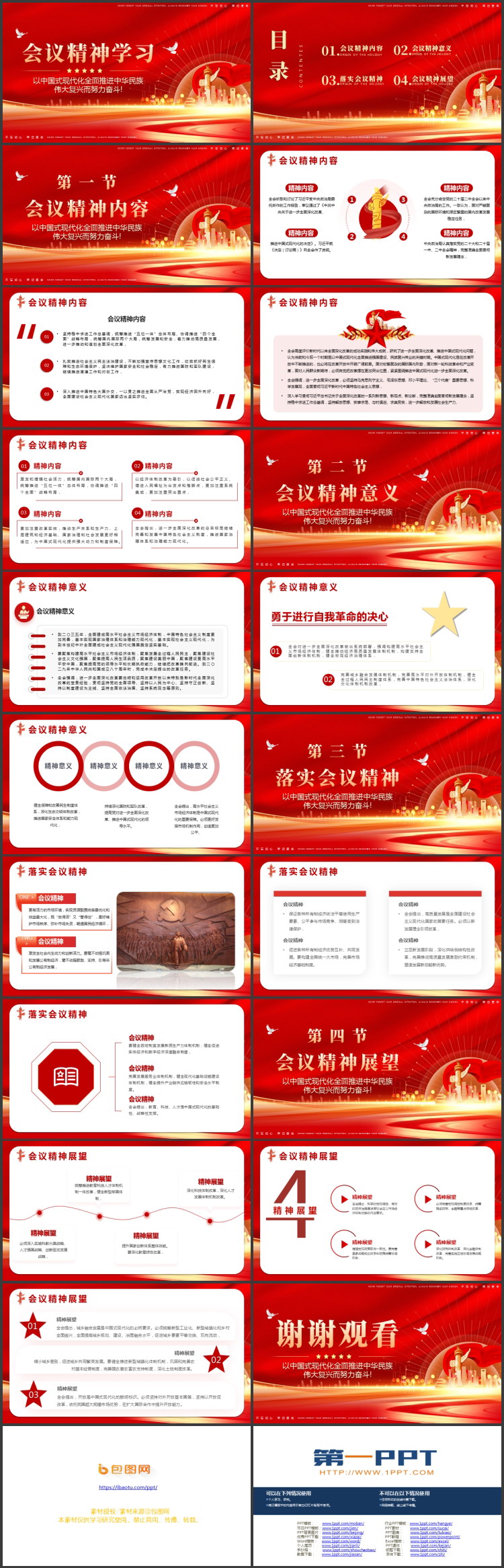 红色华表城市剪影背景的会议精神学习PPT模板