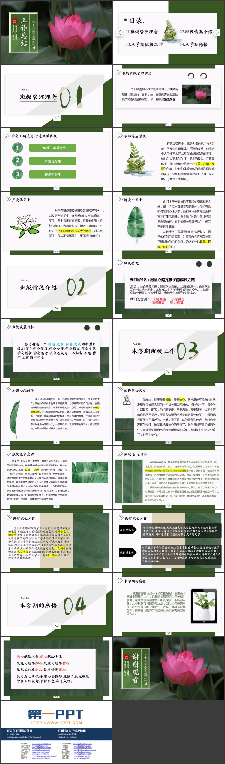 绿色精美荷花荷叶背景的班主任工作总结与计划PPT模板下载