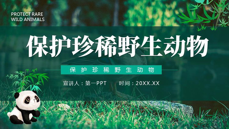 绿色熊猫背景的的保护珍稀野生动物PPT模板下载