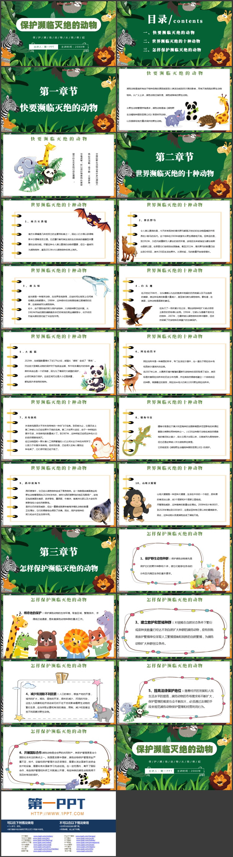 绿色卡通小动物背景的保护濒临灭绝的动物PPT模板下载