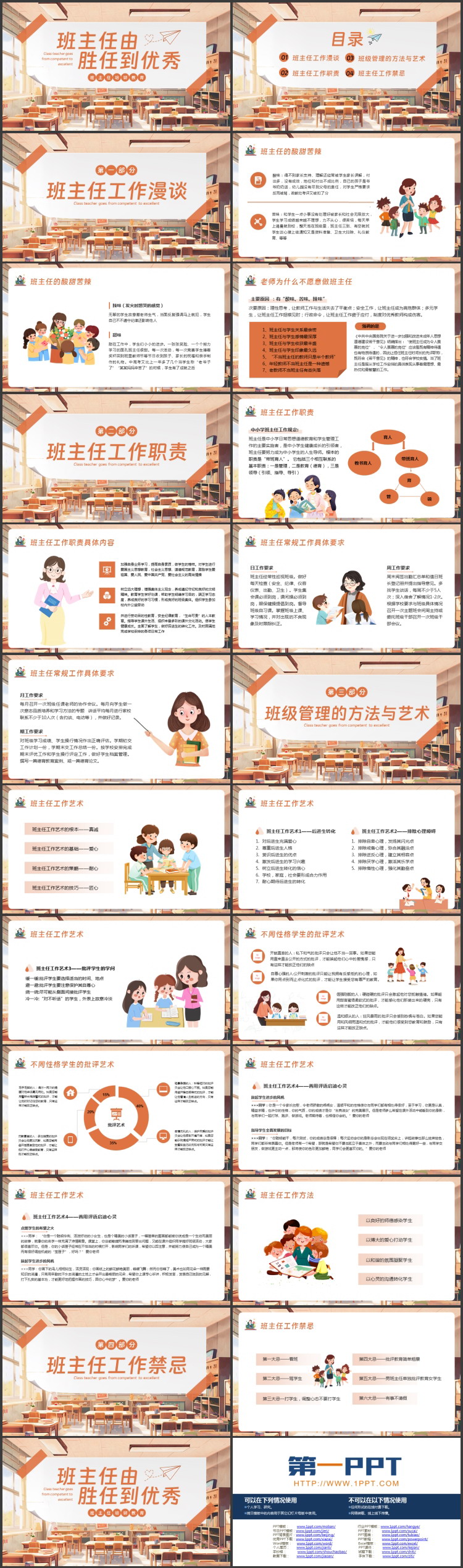 橙色教室课桌背景的“班主任由胜任到优秀”班主任培训教育PPT模板下载