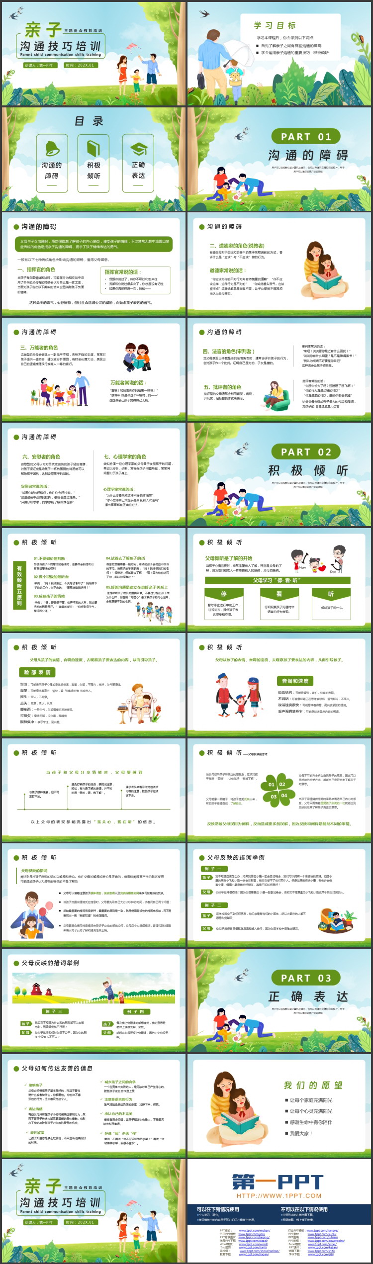 绿色清新卡通风格的亲子沟通技巧培训PPT模板