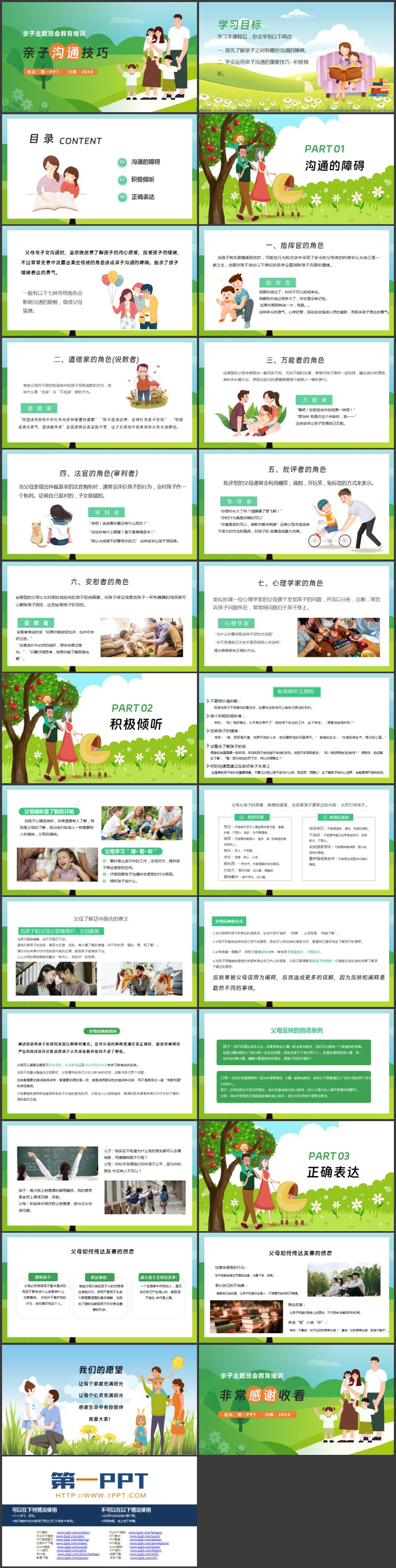 绿色卡通一家人背景的亲子沟通技巧教育培训PPT模板