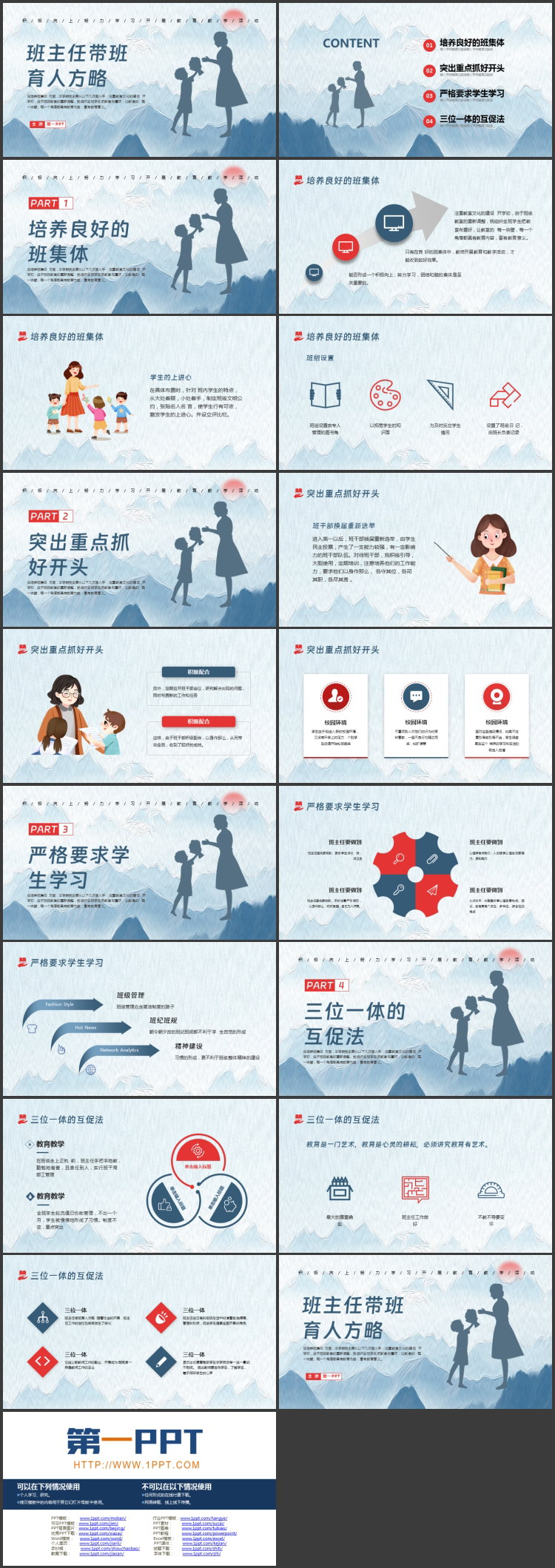 蓝色老师人物剪影背景的班主任带班育人方略PPT模板