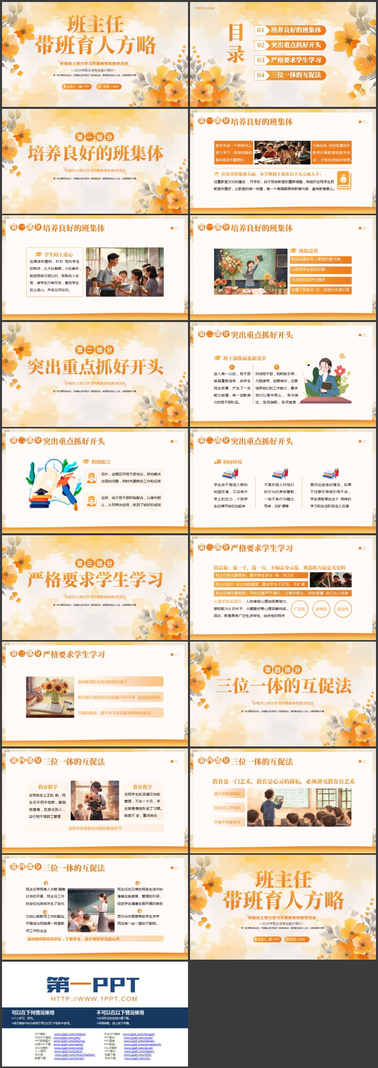 橙色水彩花卉背景的班主任带班育人方略PPT模板下载