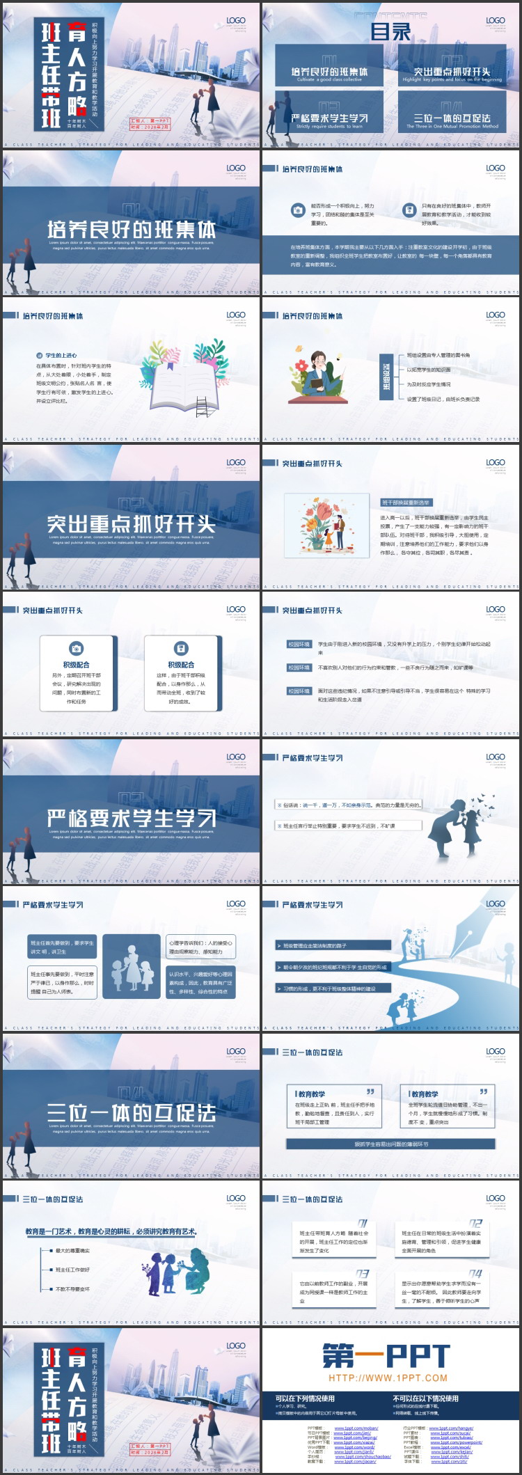 蓝色城市建筑背景的班主任带班育人方略PPT模板下载