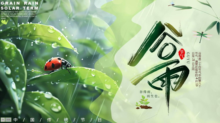 绿色清新插画树叶背景的谷雨节气介绍PPT模板