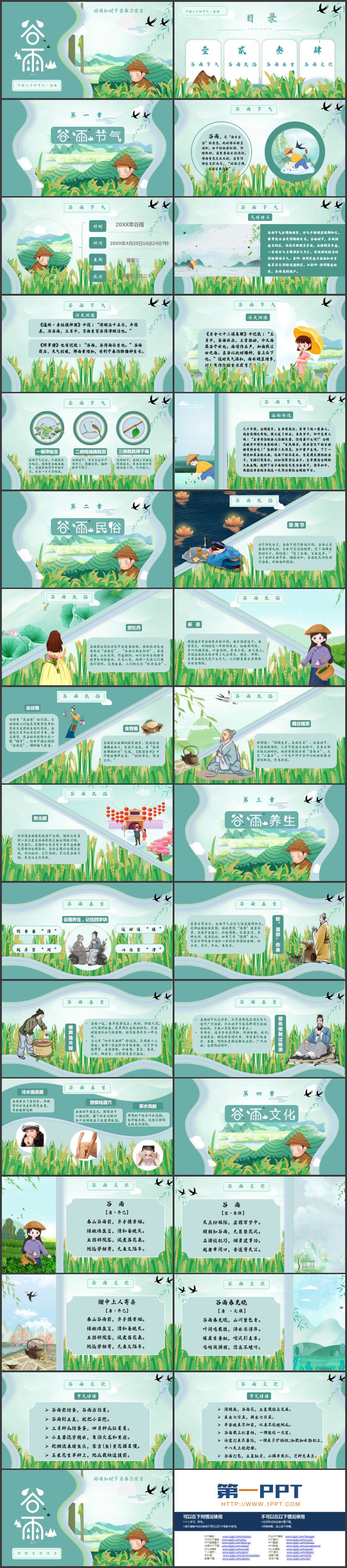 青色卡通农民背景的谷雨传统节气介绍PPT模板