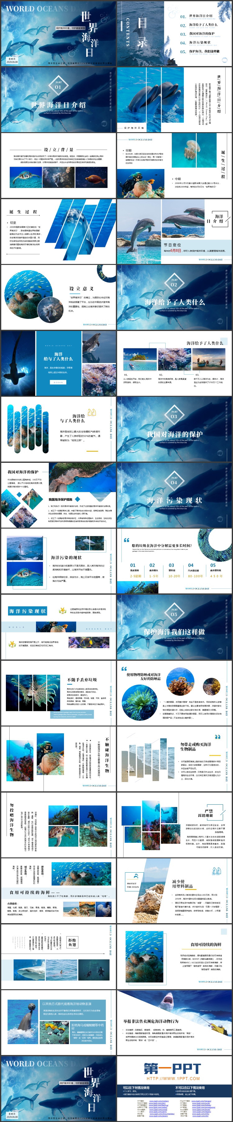 蓝色鲸鱼背景的世界海洋日宣传介绍PPT模板下载