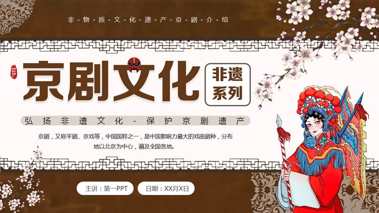 褐色古典戏曲人物背景的京剧文化介绍PPT模板