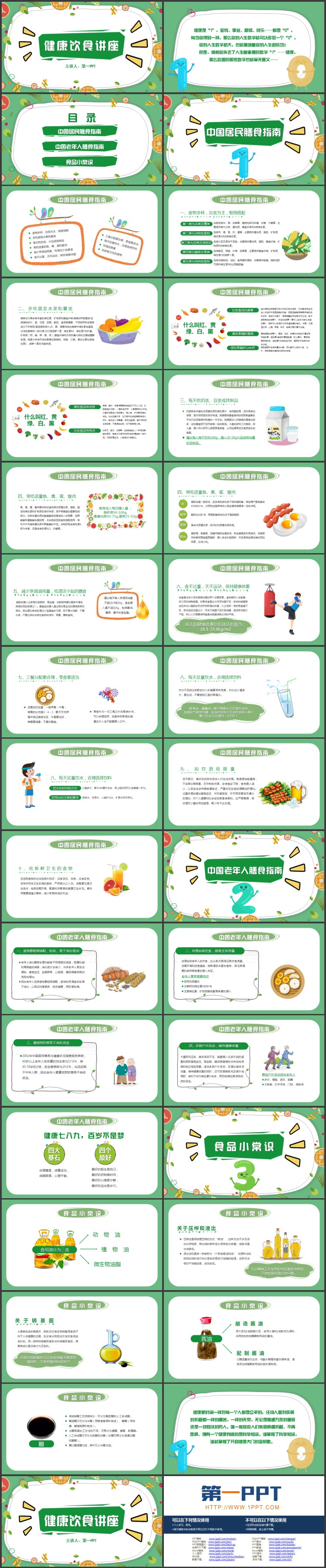绿色卡通水果蔬菜背景的健康饮食讲座PPT模板