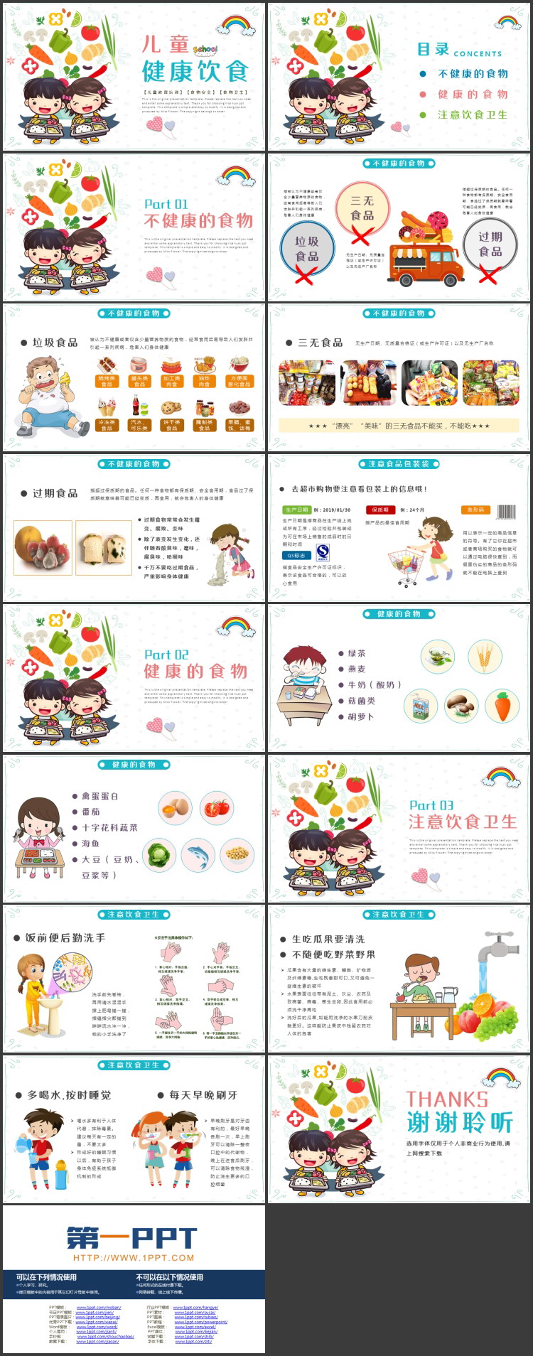 可爱卡通果蔬小朋友背景的儿童健康饮食知识教育PPT模板