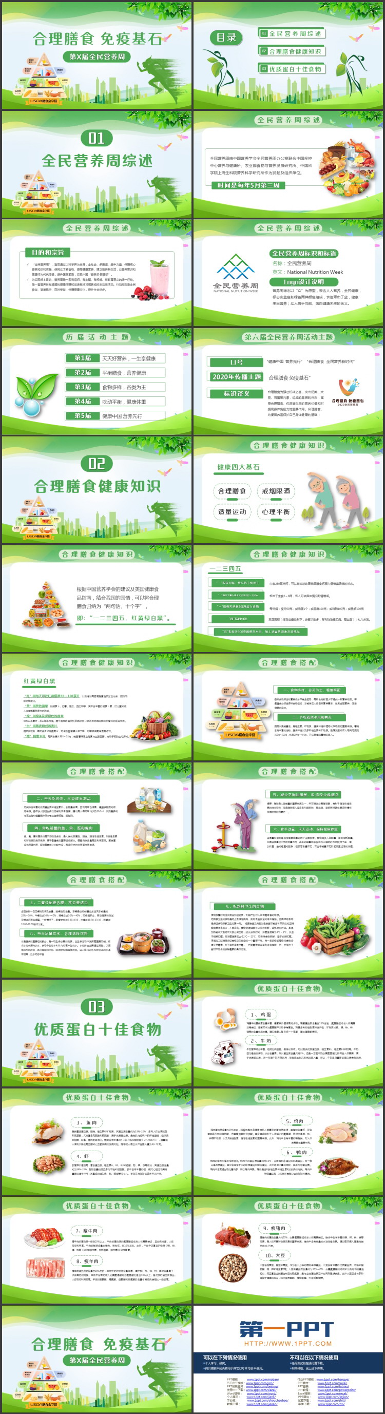 绿色城市剪影背景的“合理膳食免疫基石”全民营养周PPT模板