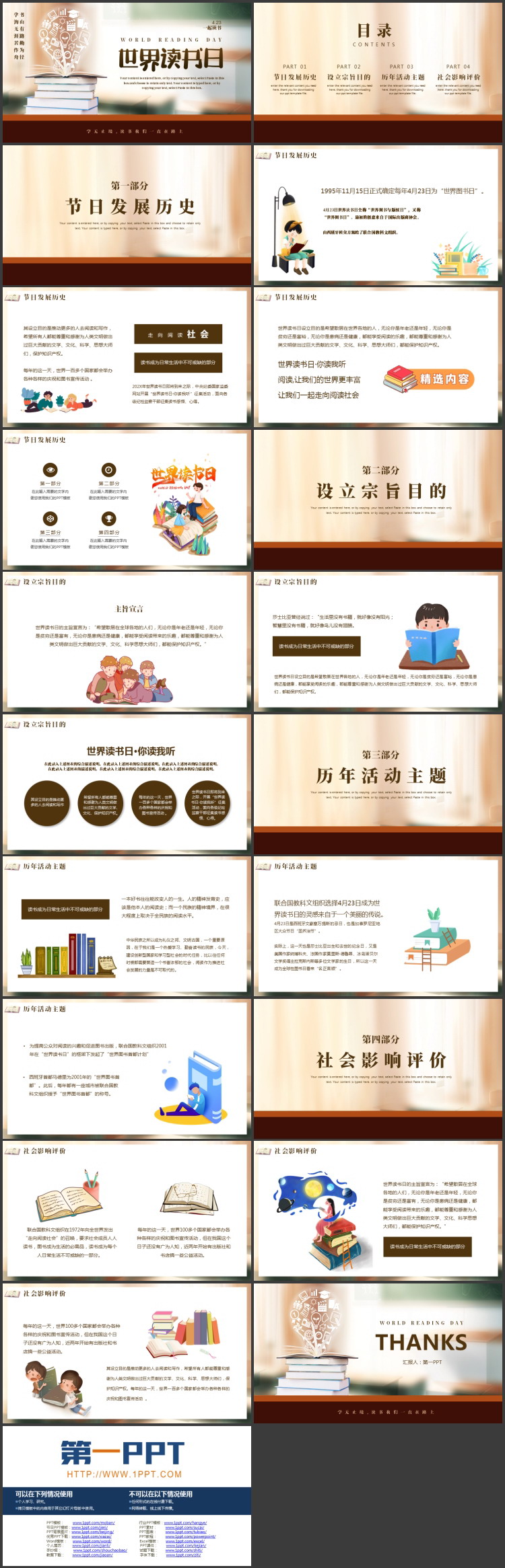 褐色书籍书本背景的世界读书日PPT模板