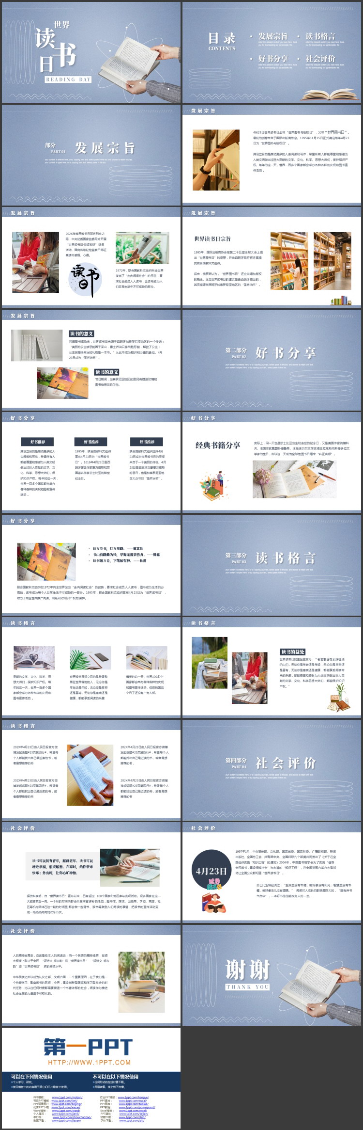 蓝色读书的人背景的世界读书日PPT模板