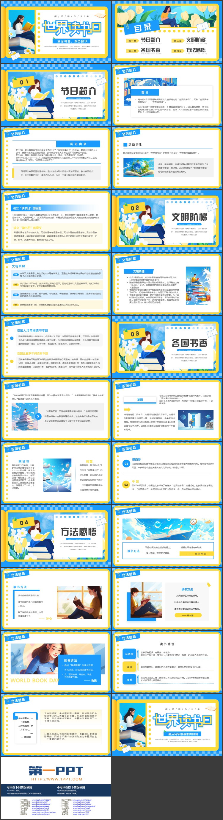 蓝黄卡通读书女孩背景的世界读书日PPT模板