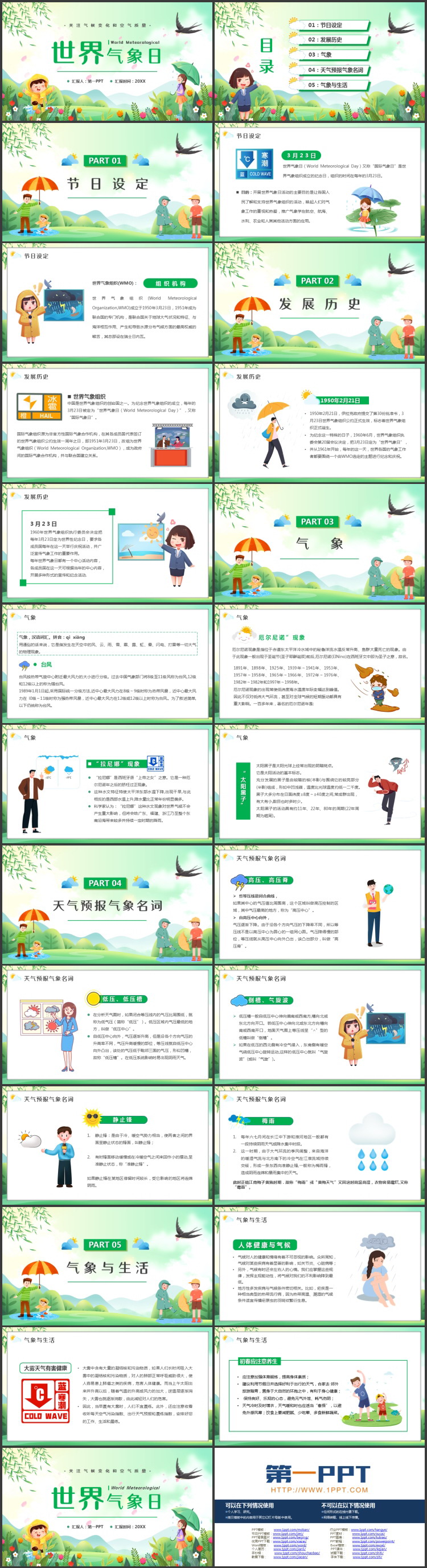 绿色清新卡通风格的世界气象日PPT模板