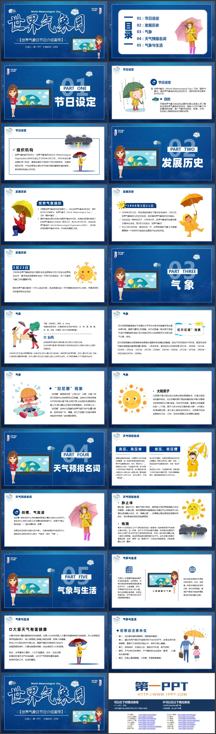 蓝色卡通风格的世界气象日节日介绍宣传PPT模板