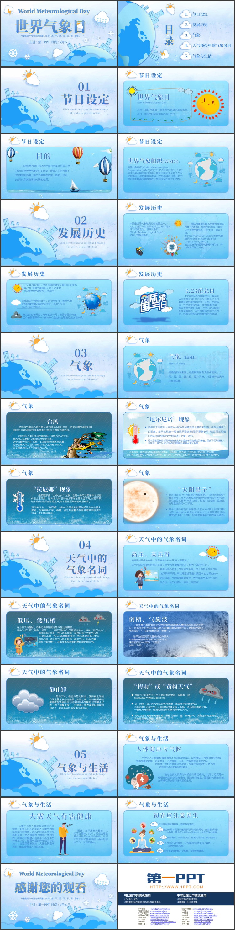 蓝色矢量卡通风格的世界气象日宣传介绍PPT模板