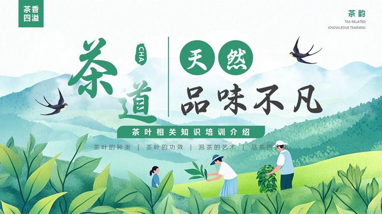 绿色清新插画风“天然品味不凡”茶道茶叶相关知识培训介绍PPT模板